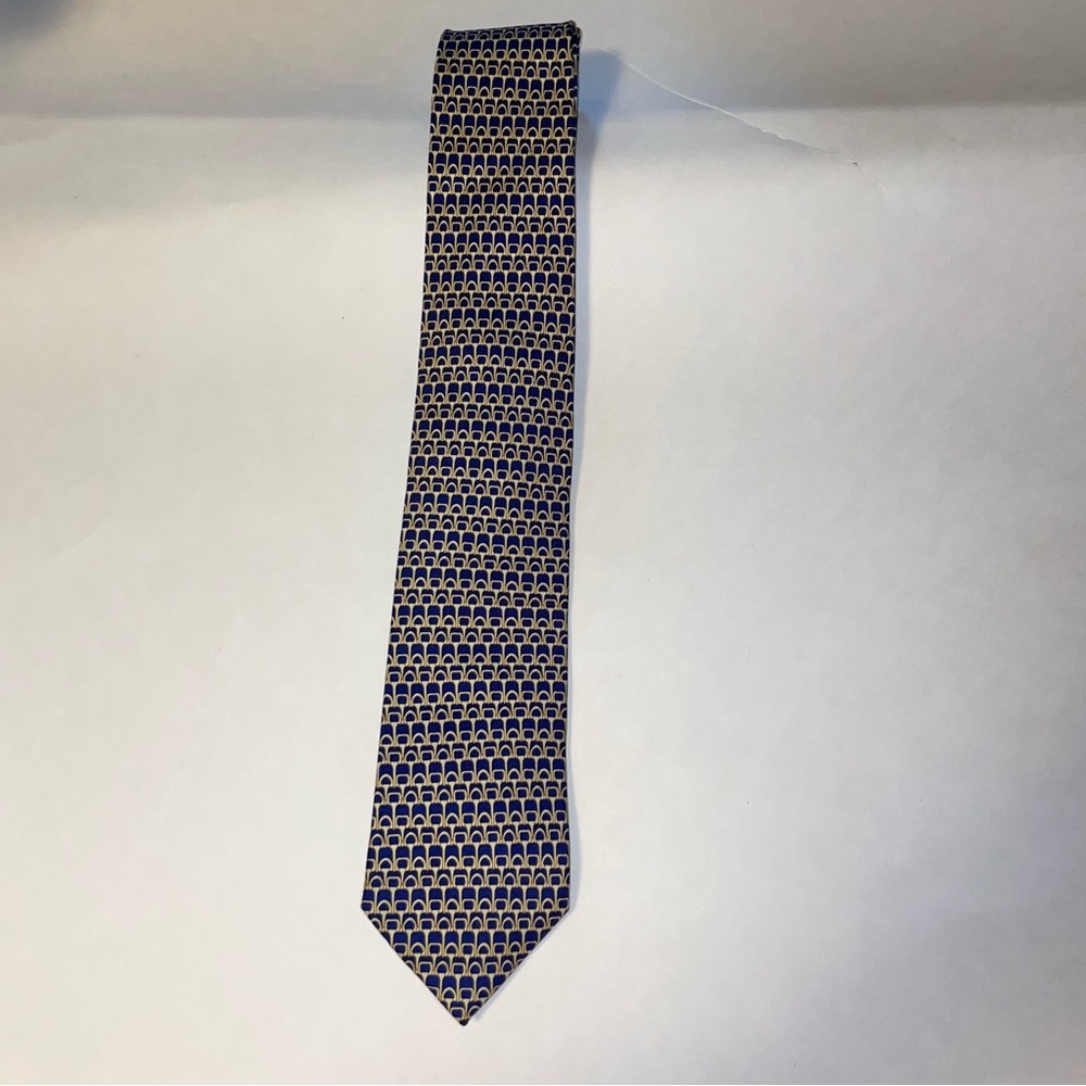 J McLaughlin Men's Blue And Gold Designer Patterned Tie, 100% Silk